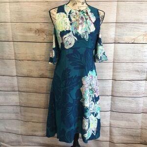 Anthropologie Maeve “Elia”Dress Cold Shoulder Teal Floral Size 0